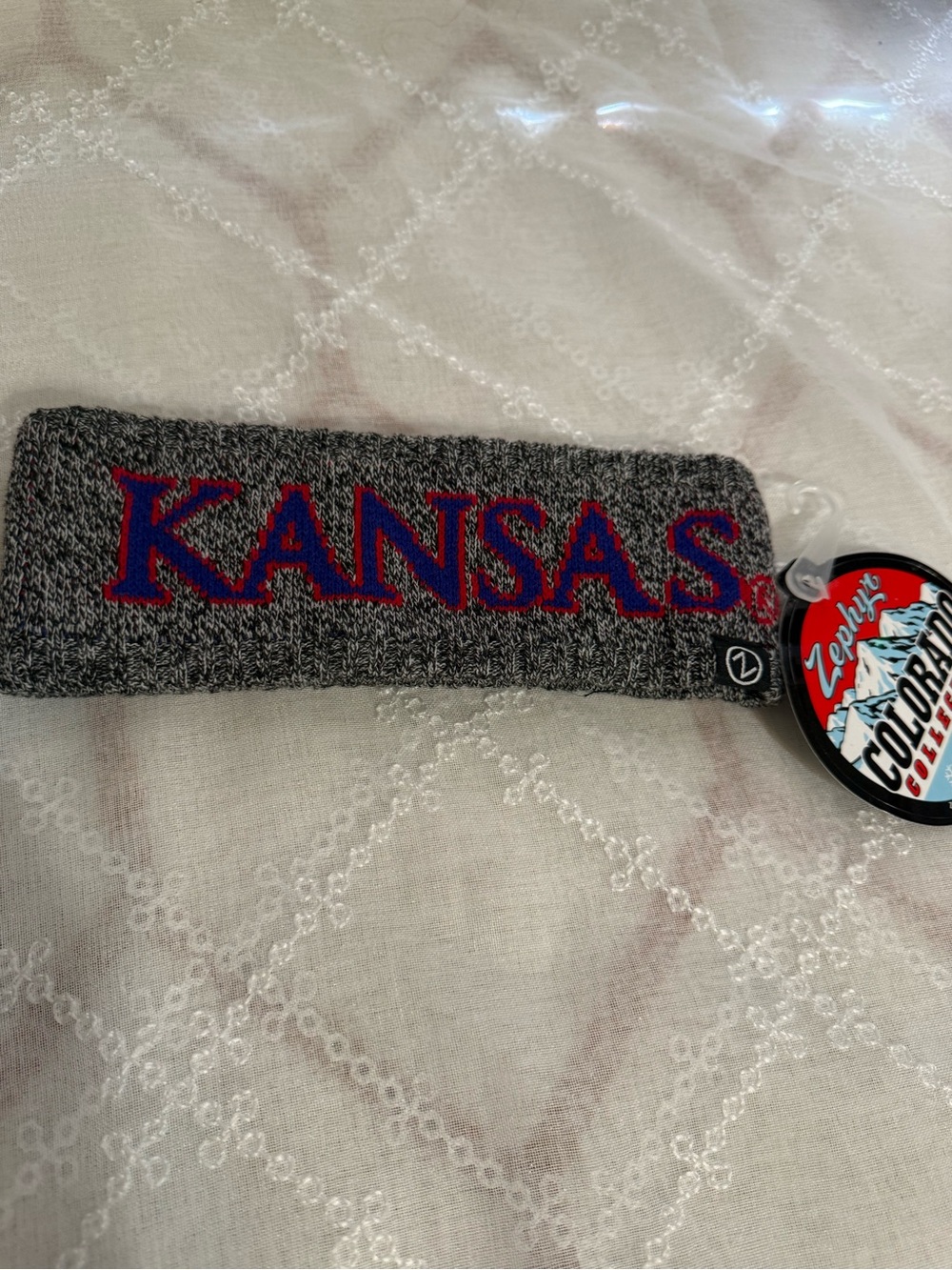Kansas Grey Knit Headband with Red & Blue Lettering